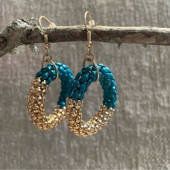 Blue and Gold Braided Hoop Crochet Earrings - Picture 2 of 4